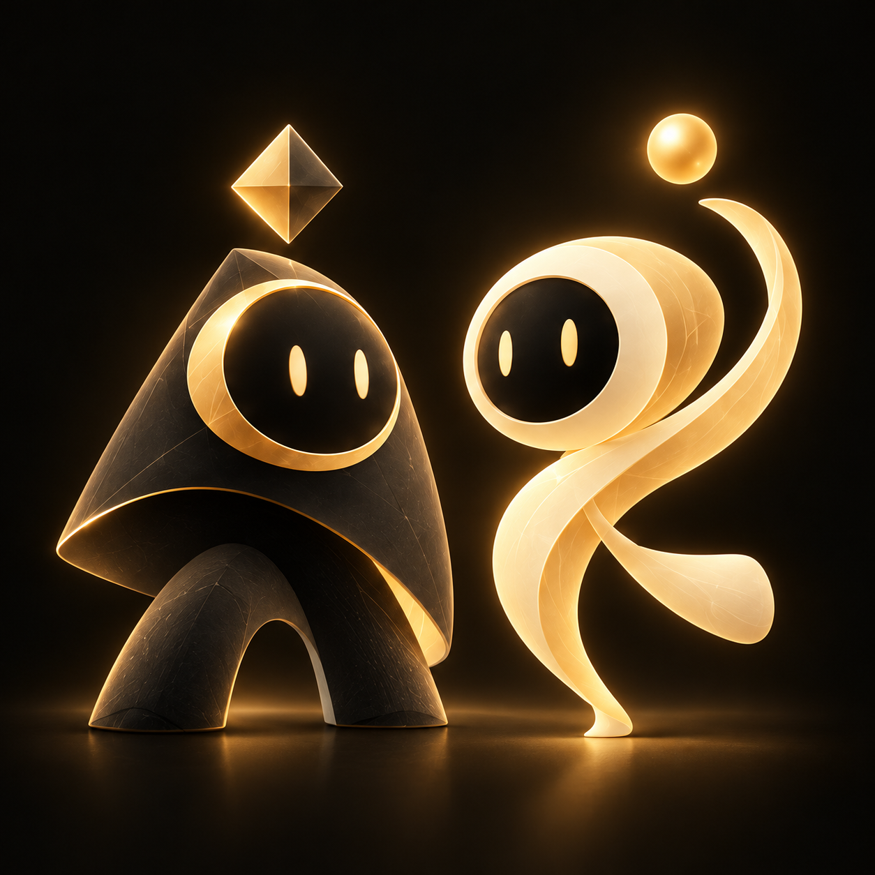 Two DuoDone characters, one dark and one gold, standing together